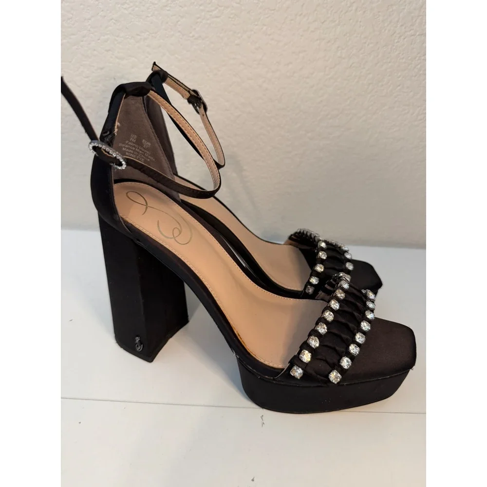 Sam Edelman Ninette Black Satin Rhinestone Platform Block Heel Sandals 7M